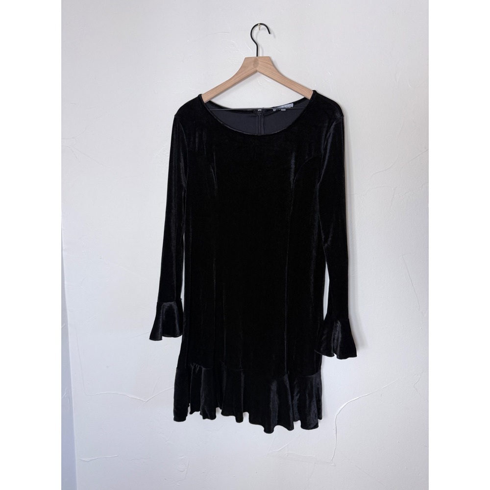 See And Be Seen Black Velvet Ruffle Mini Dress Bell Sleeve Size L D5175